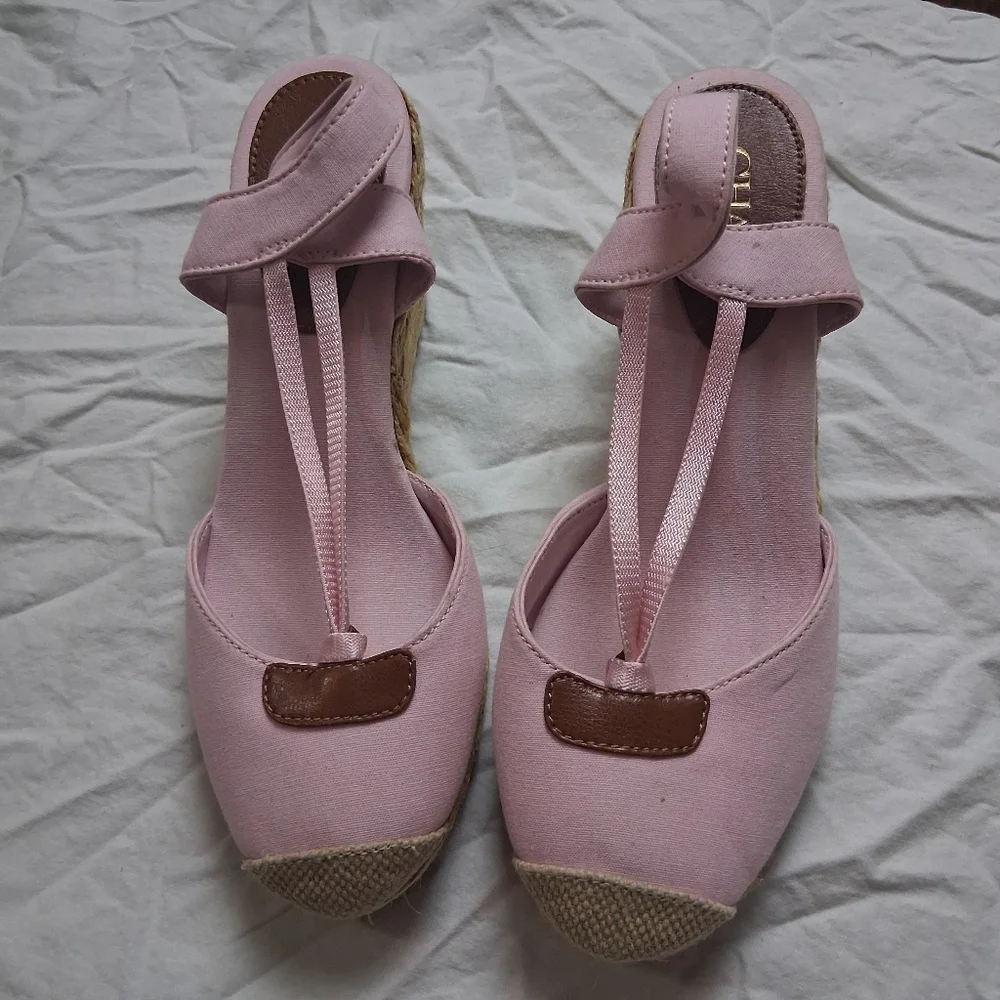 Chaps Pink Espadrille Sandals with Brown Accents